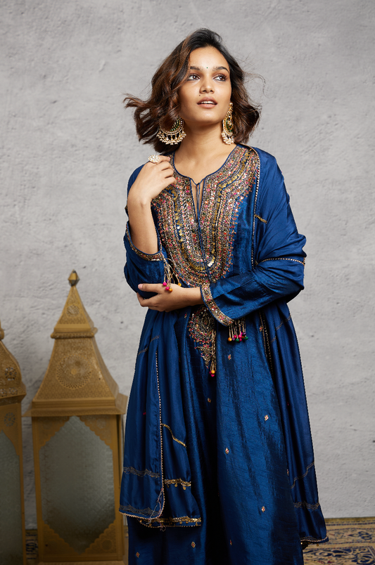 Multicolor Blue Resham and Zardozi  Heavy-Neck Kurta Set