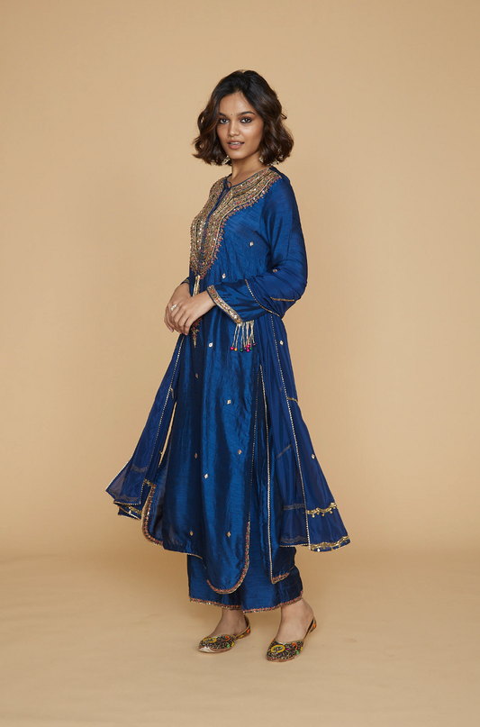 Multicolor Blue Resham and Zardozi  Heavy-Neck Kurta Set