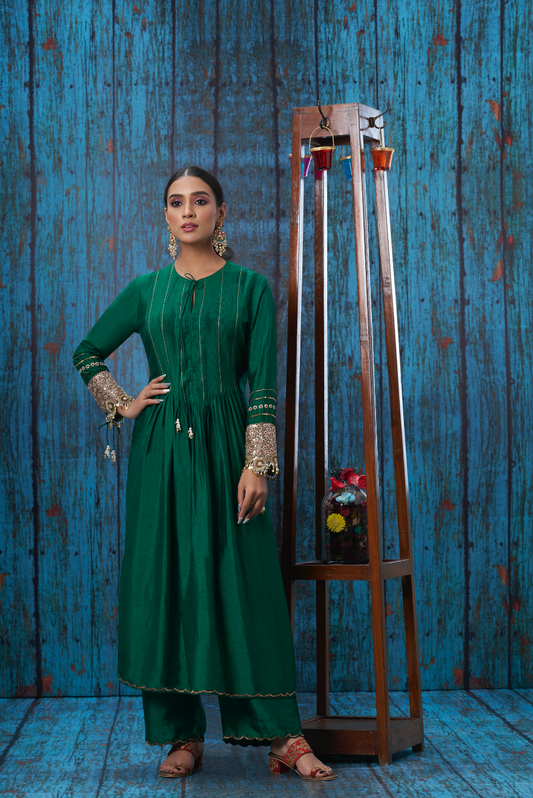 Green Tikki and Pearl Cuff Sleeve Kurta Set