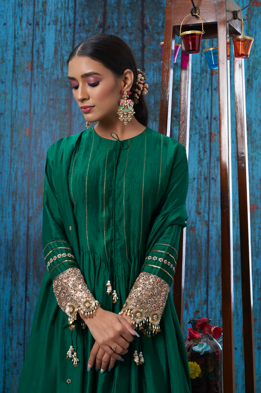 Green Tikki and Pearl Cuff Sleeve Kurta Set