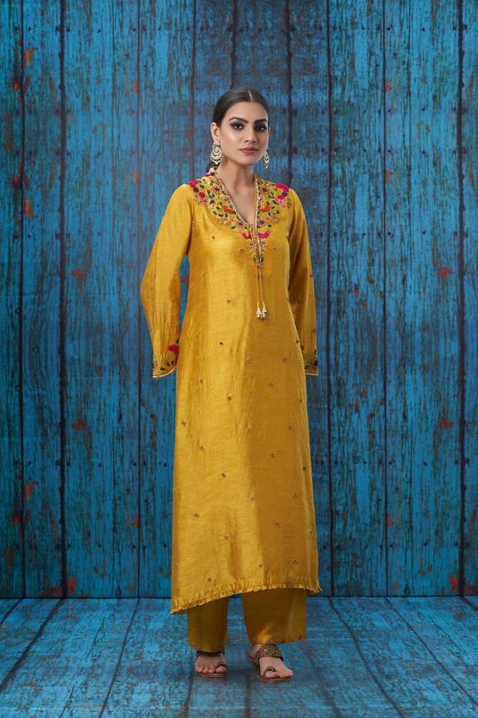 Yellow Multicolor French Knot Kurta Set