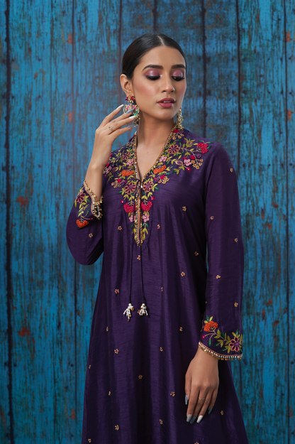 Purple Multicolor French Knot Kurta Set