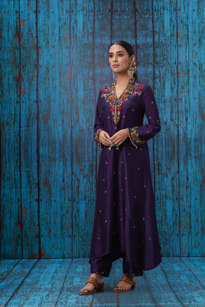 Purple Multicolor French Knot Kurta Set