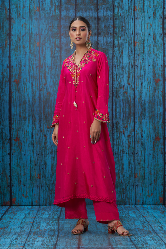 Pink Multicolor French Knot Kurta Set