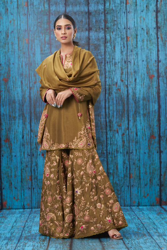 Olive Green Kairi Buta Jaal Sharara Set