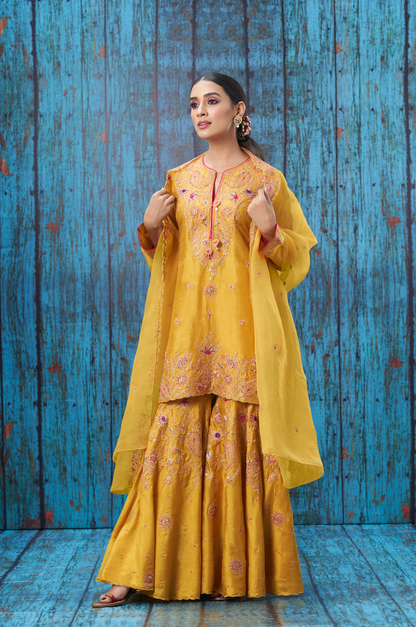 Mustard Kairi Buta Jaal Sharara Set