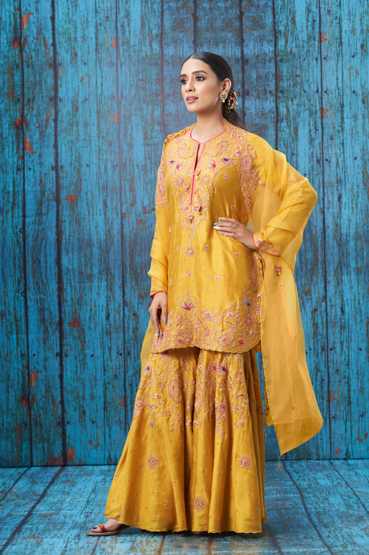 Mustard Kairi Buta Jaal Sharara Set