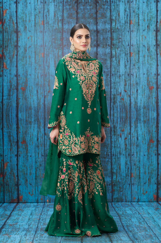 Green Kairi Buta Jaal Sharara Set