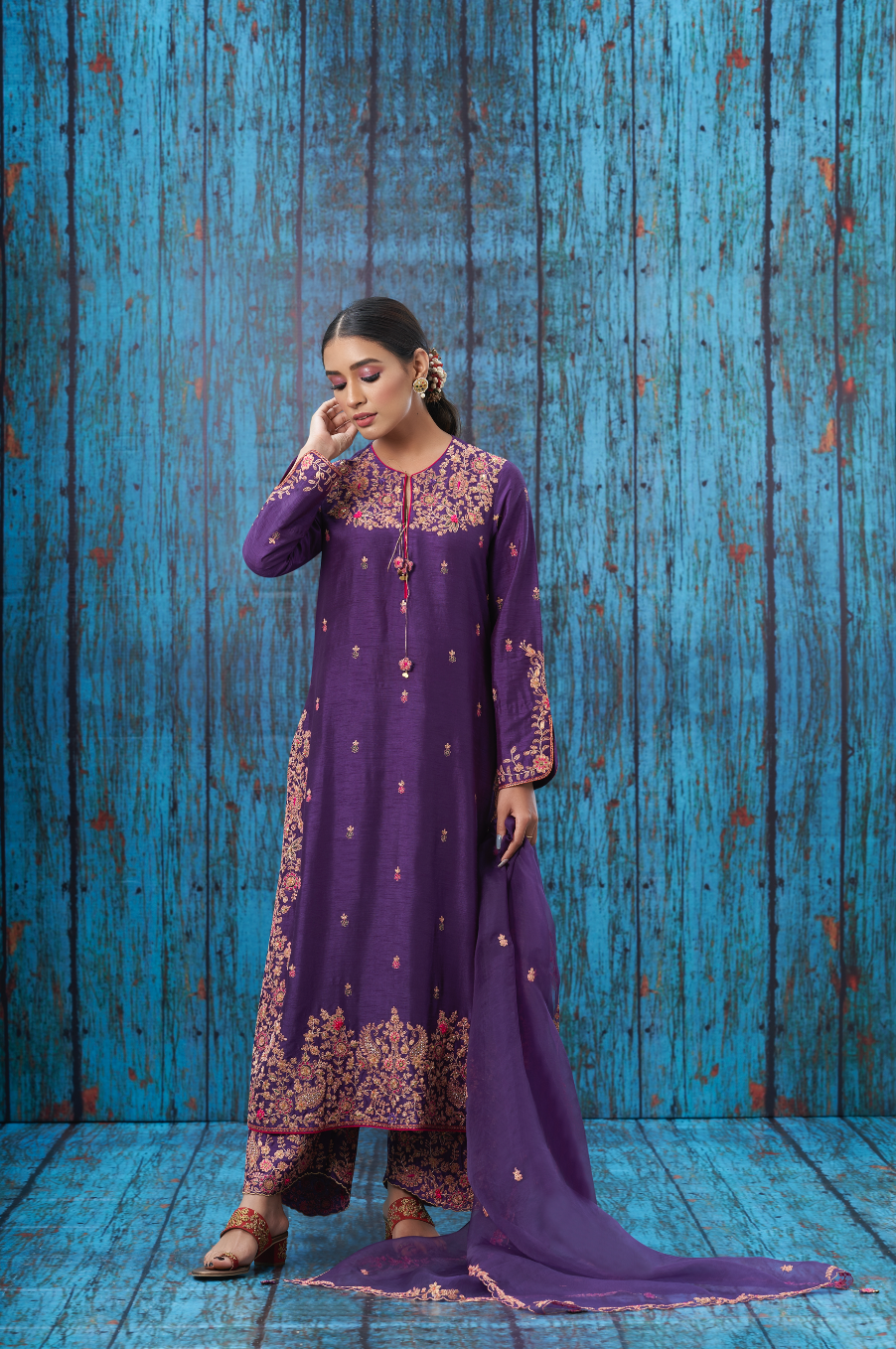 Purple Kairi Buta Jaal Long Kurta Set