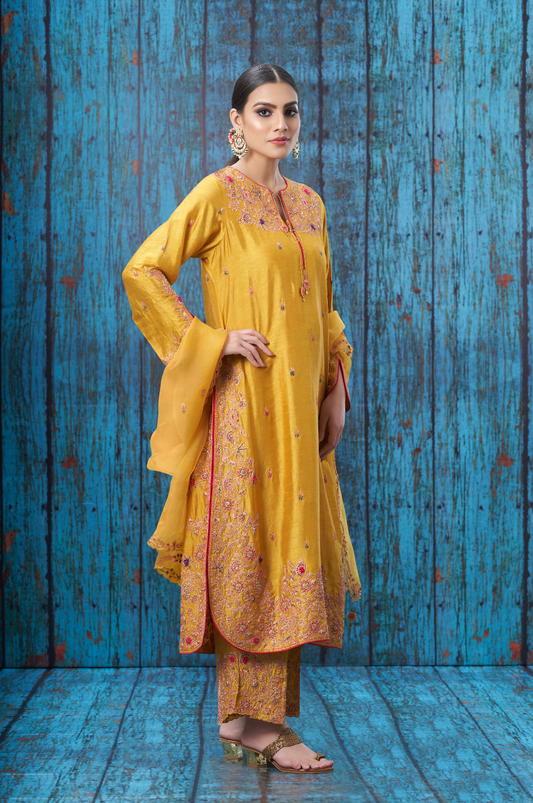 Mustard Kairi Buta Jaal Long Kurta Set