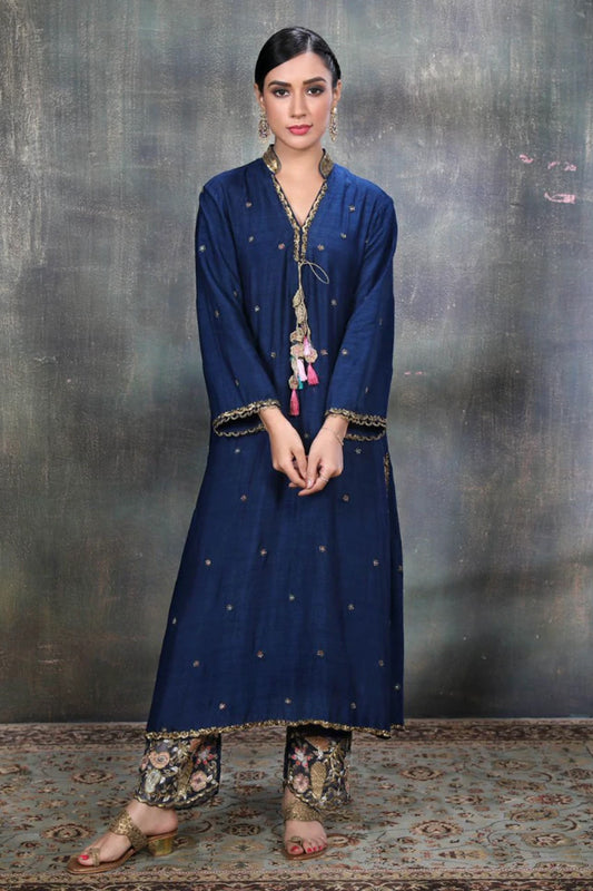 Blue Mughal Jaal Heavy Palazzo Kurta Set