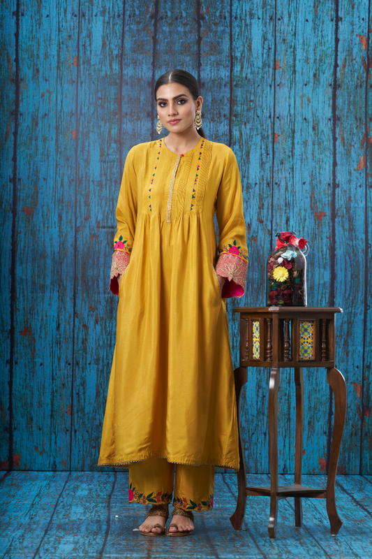 Mustard Applique Lotus Sleeves Kurta Set