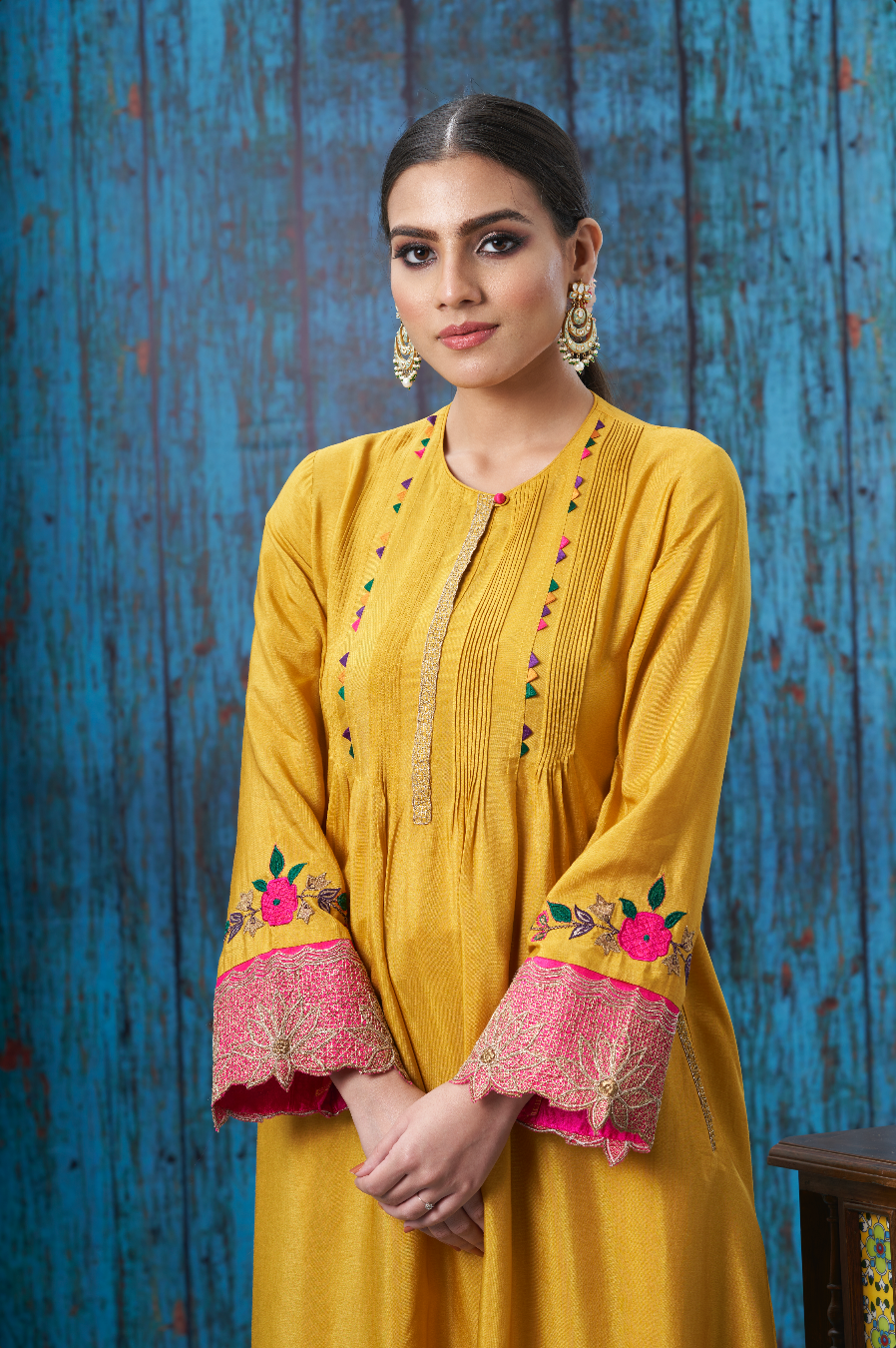 Mustard Applique Lotus Sleeves Kurta Set