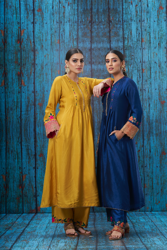 Mustard Applique Lotus Sleeves Kurta Set