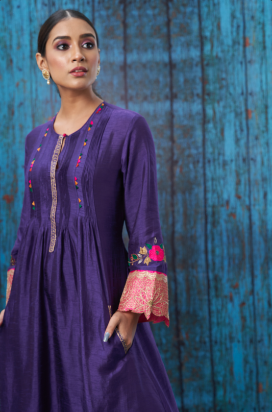 Purple Applique Lotus Sleeves Kurta Set