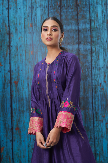 Purple Applique Lotus Sleeves Kurta Set