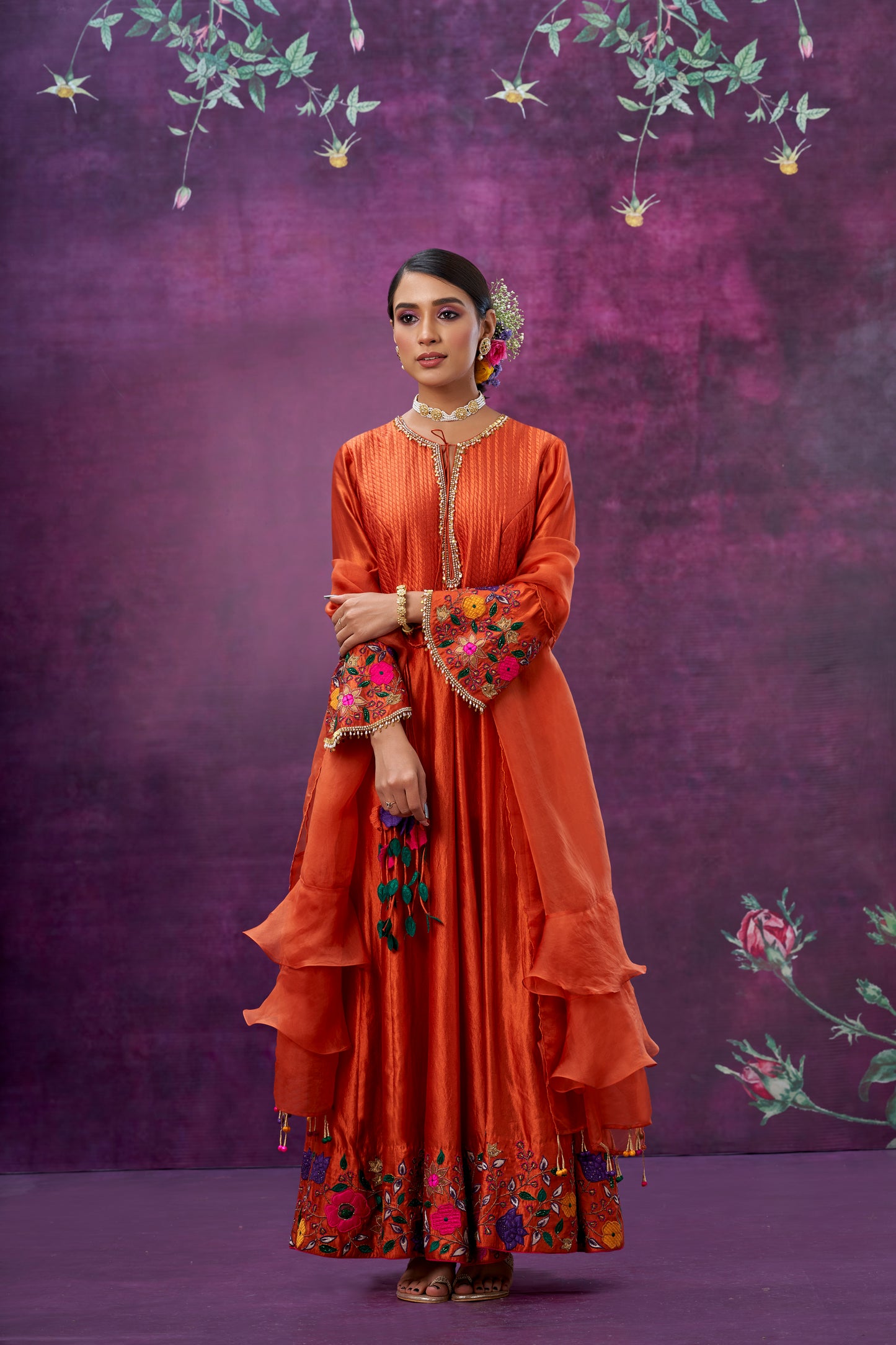 Orange Floral Applique Anarkali Set