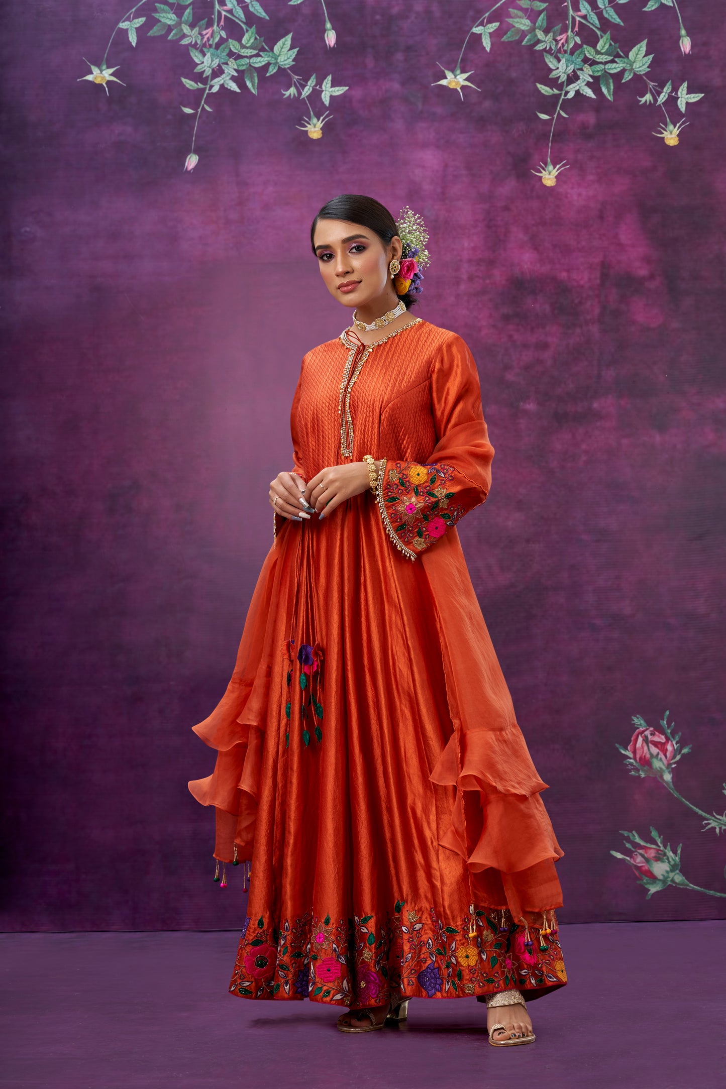 Orange Floral Applique Anarkali Set