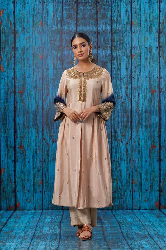 Ivory Blue Ombre Heavy Pitta Neck & Marodi Sleeves Kurta Set