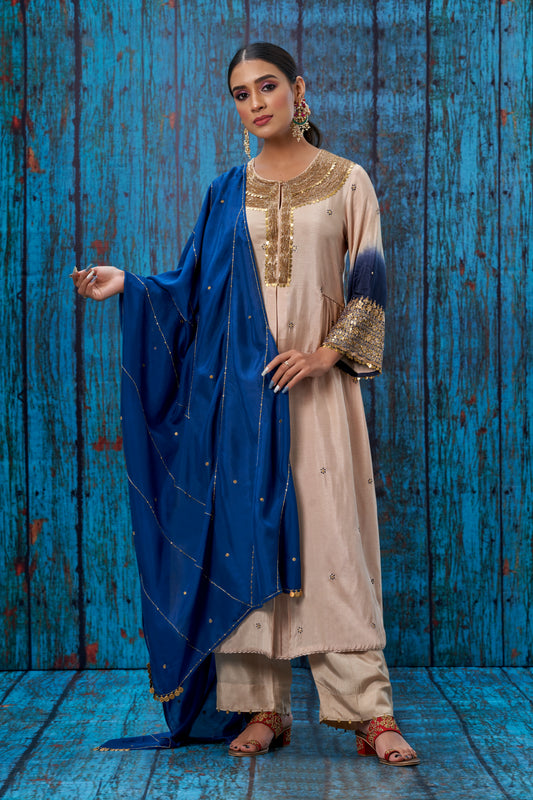 Ivory Blue Ombre Heavy Pitta Neck & Marodi Sleeves Kurta Set