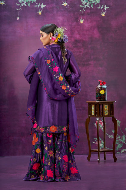 Purple Floral Applique Sharara Set