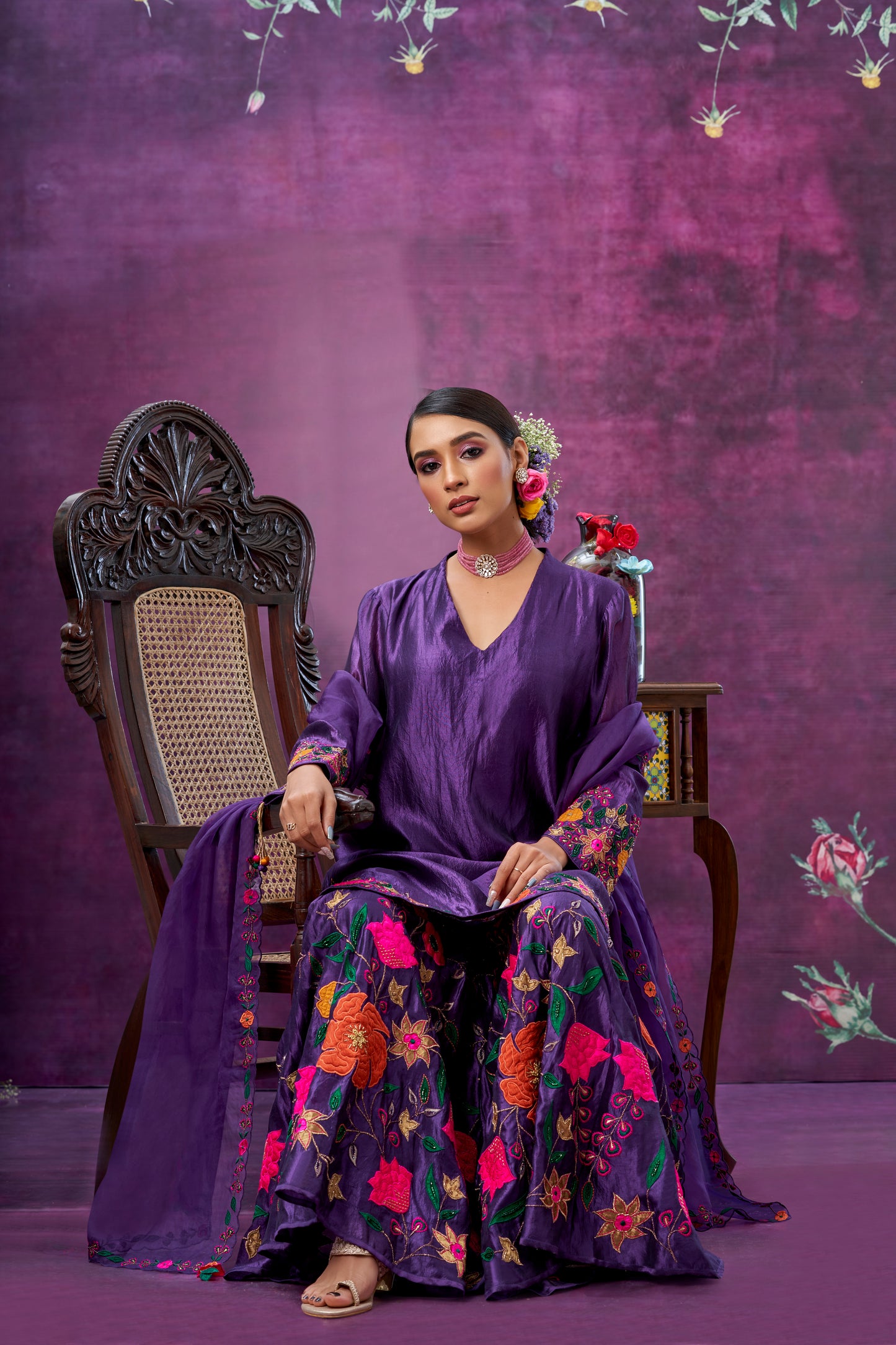 Purple Floral Applique Sharara Set