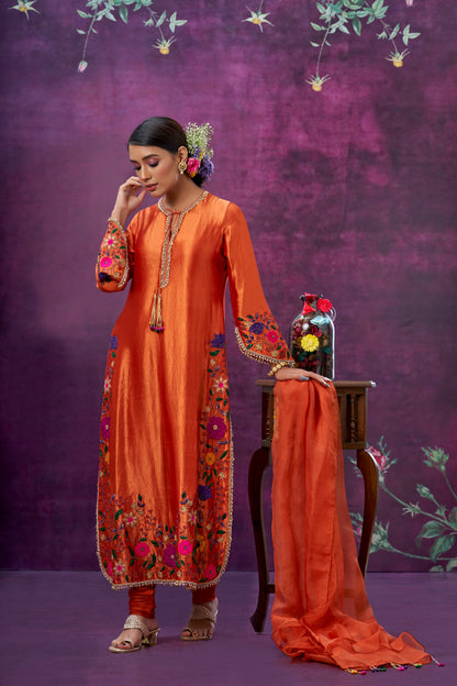 Orange Floral Applique Long Kurta Set