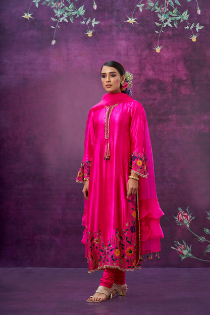 Pink Floral Applique Long Kurta Set