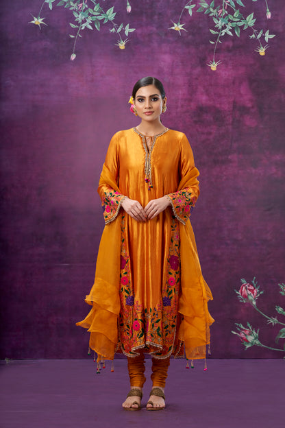 Mustard Floral Applique Long Kurta Set