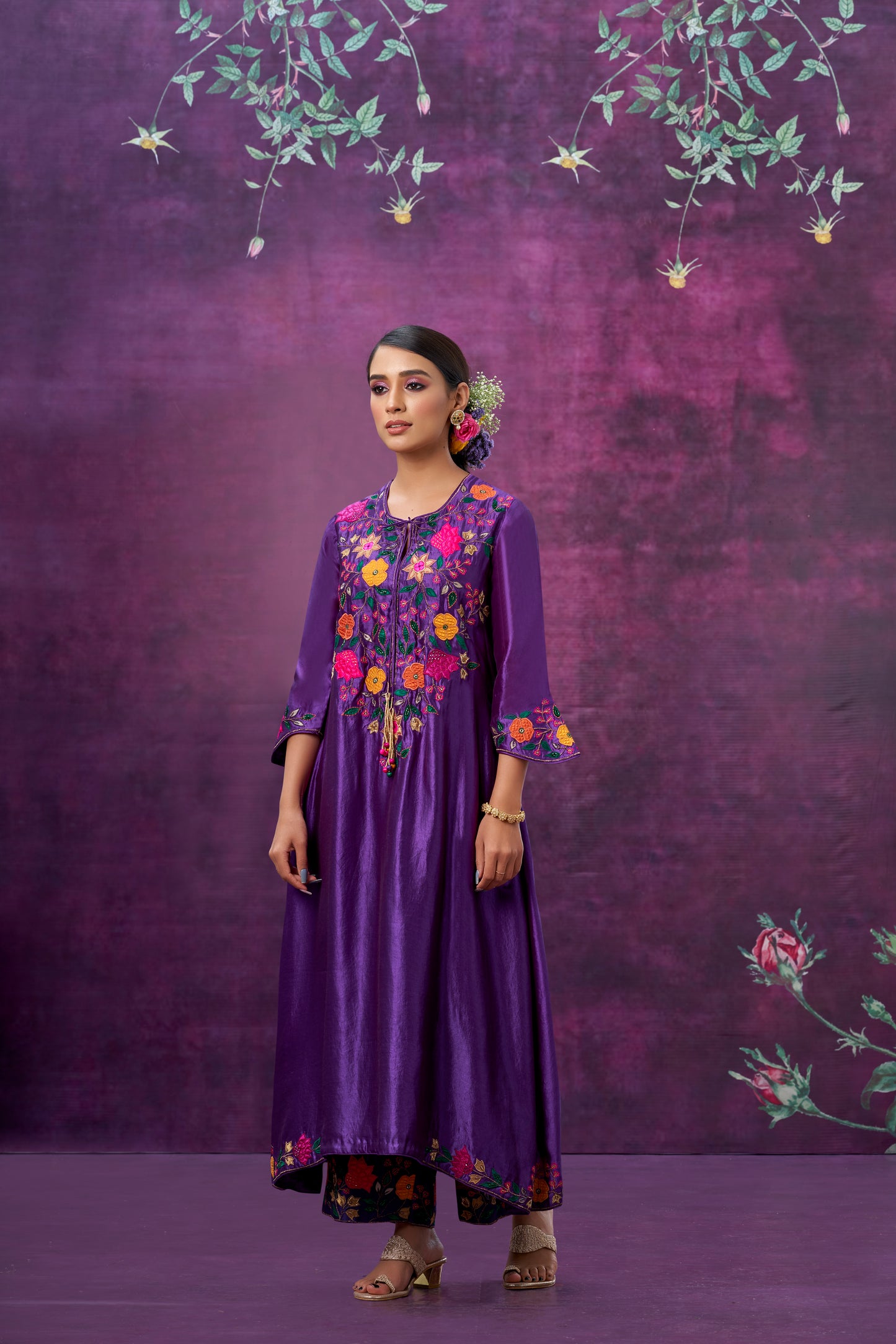 Purple Floral Applique Yoke Kurta Set