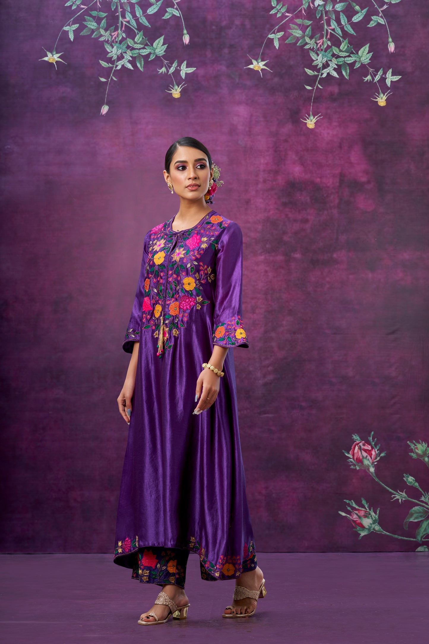 Purple Floral Applique Yoke Kurta Set