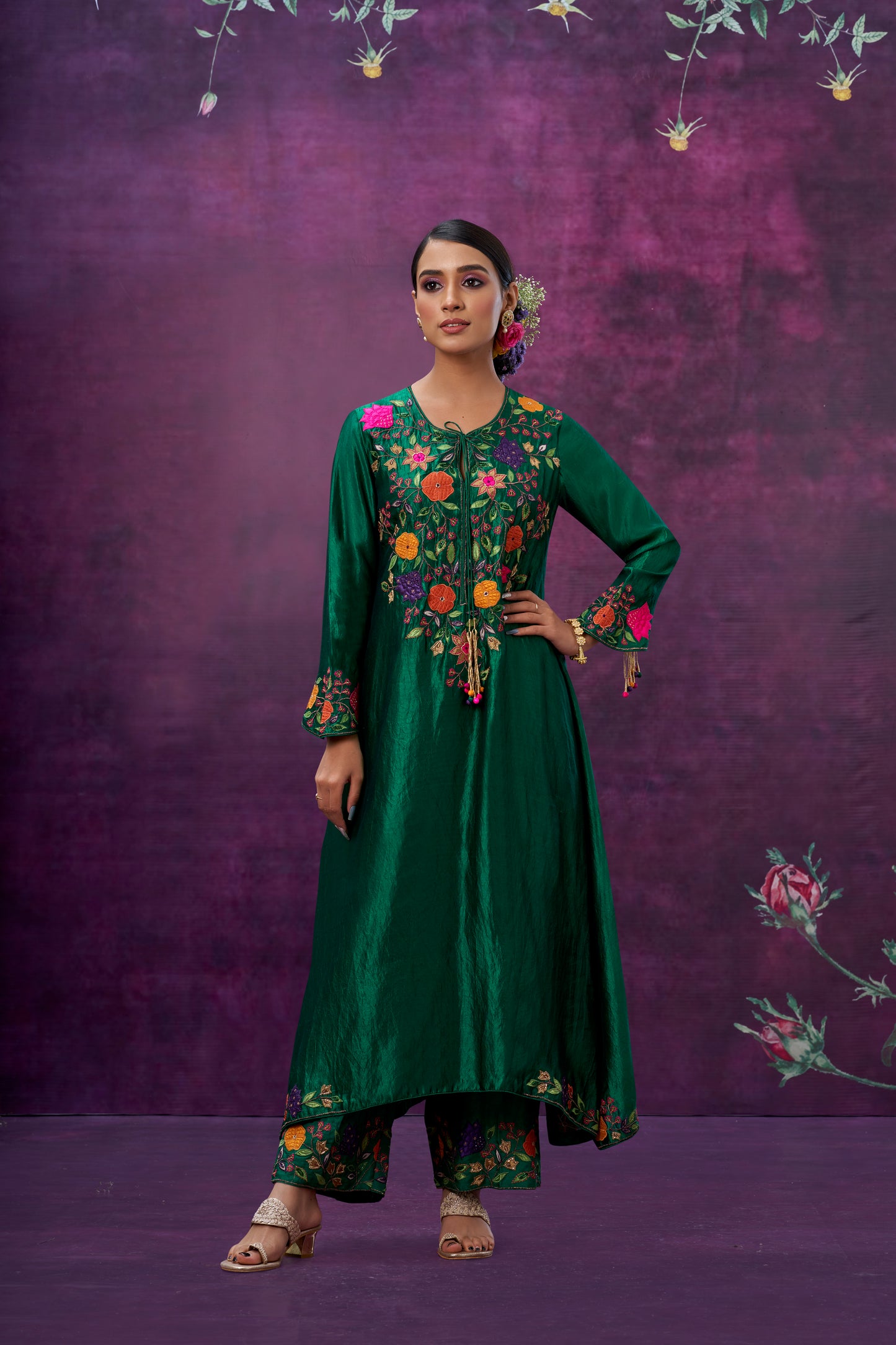 Green Floral Applique Yoke Kurta Set