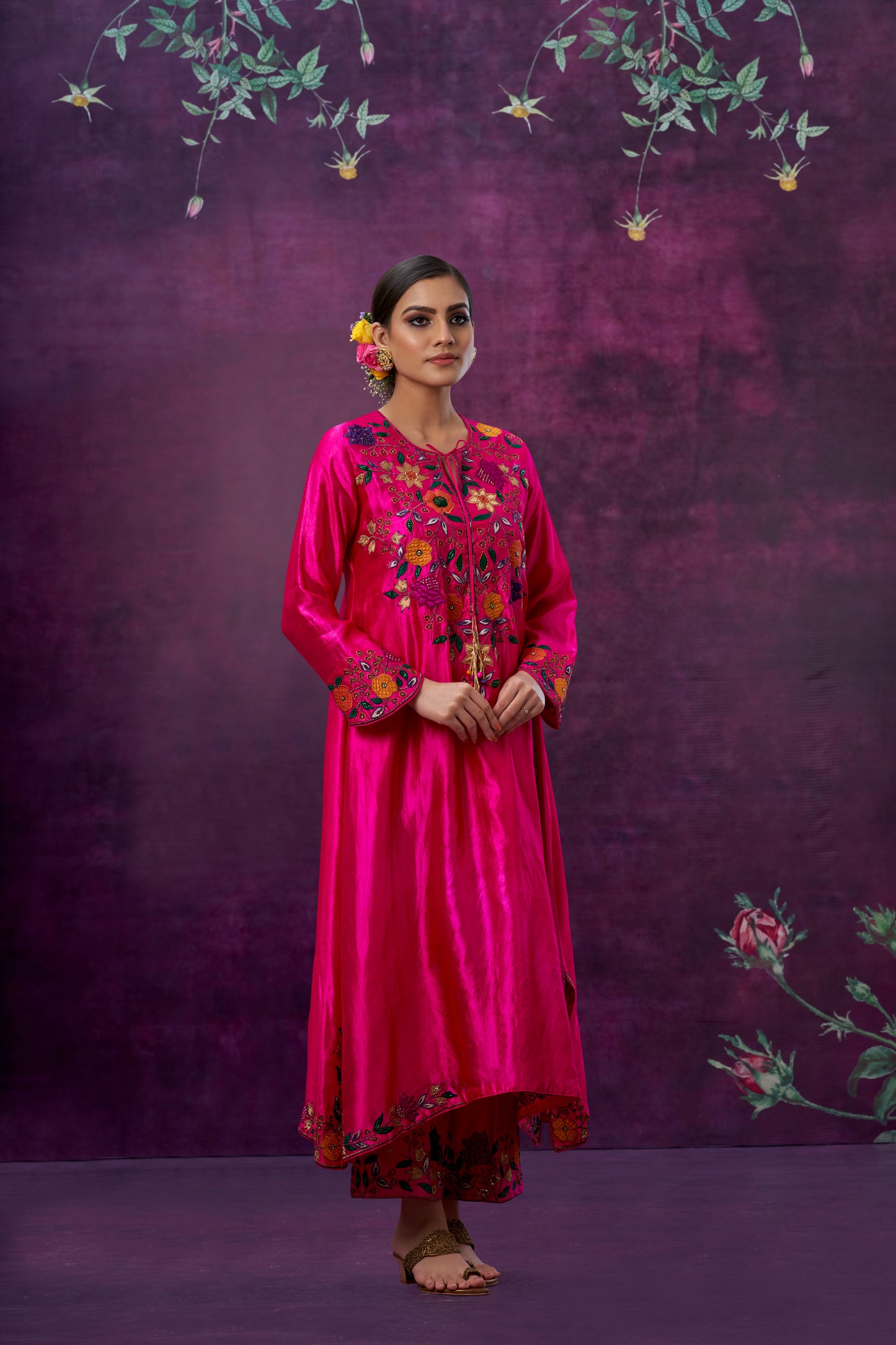 Pink Floral Applique Yoke Kurta Set