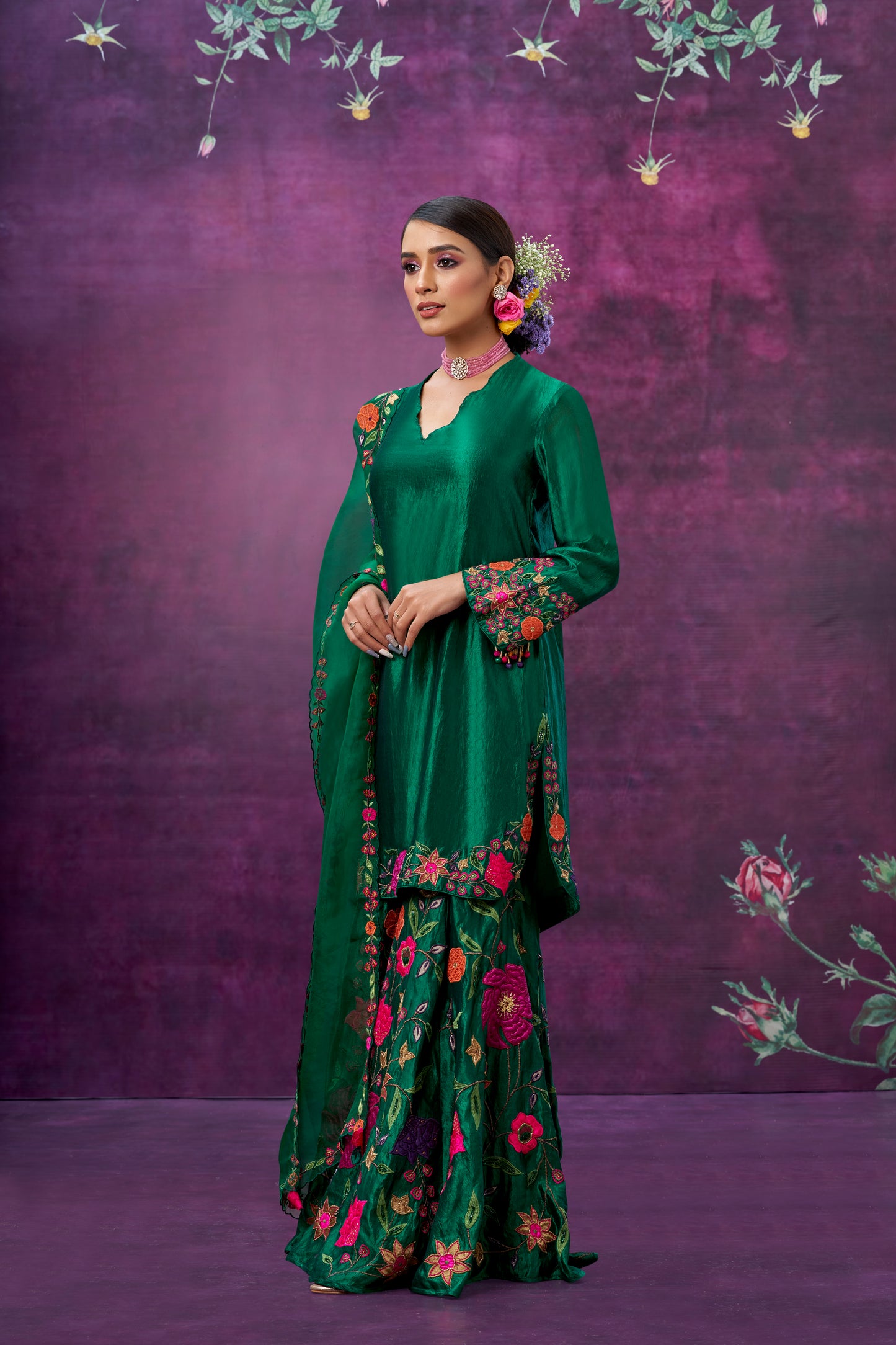 Green Floral Applique Sharara Set