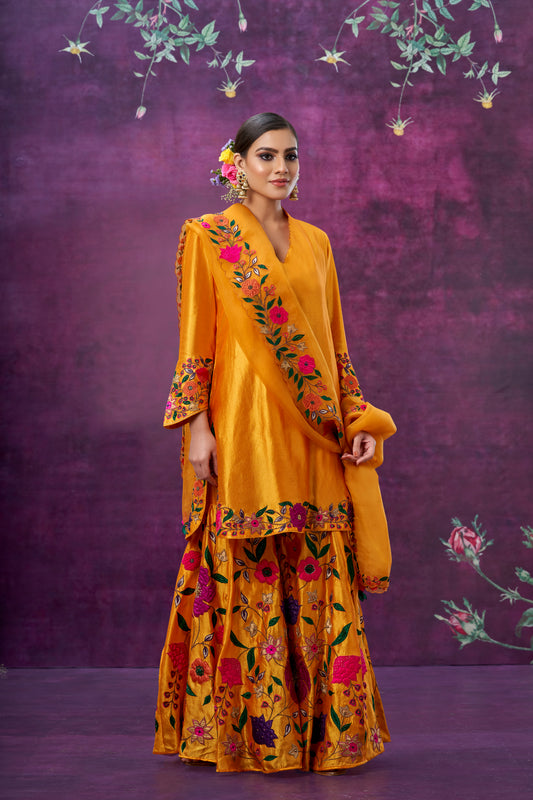 Mustard Floral Applique Sharara Set