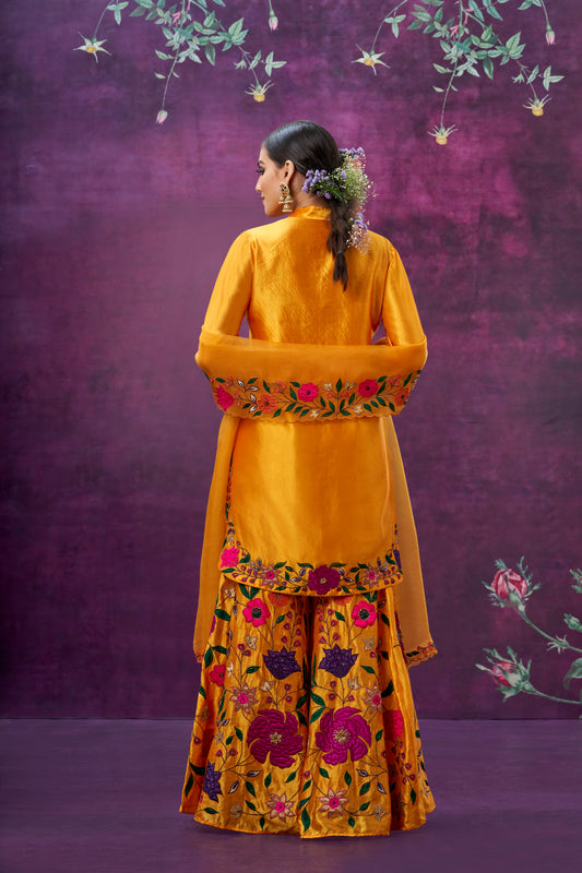 Mustard Floral Applique Sharara Set