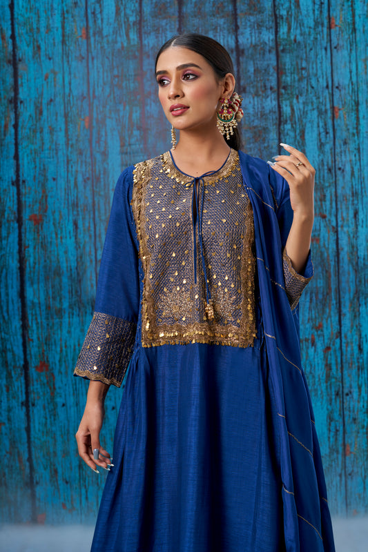 Blue Lotus Yoke Heavy Neck Kurta Set
