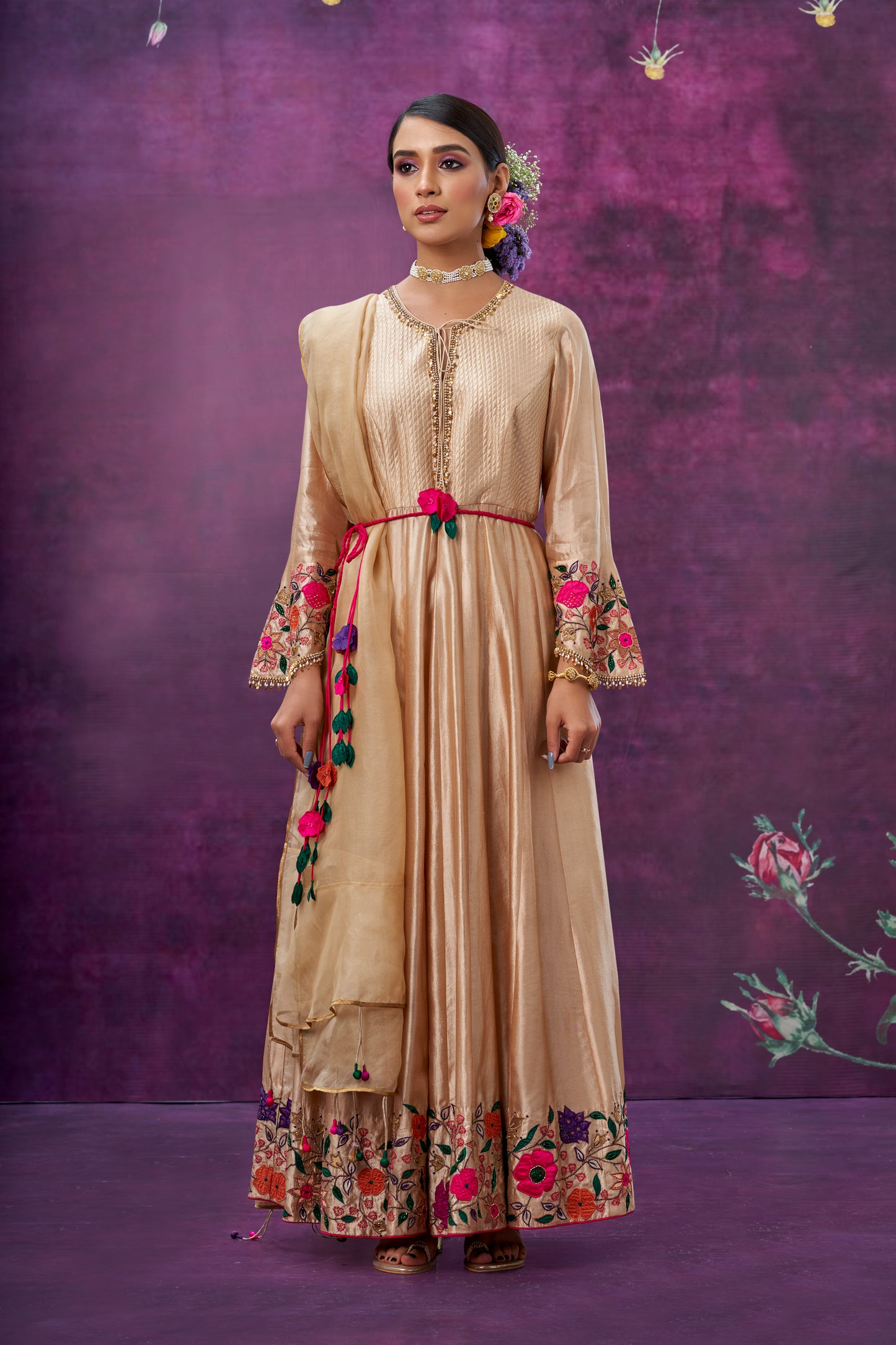 Ivory Floral Applique Anarkali Set