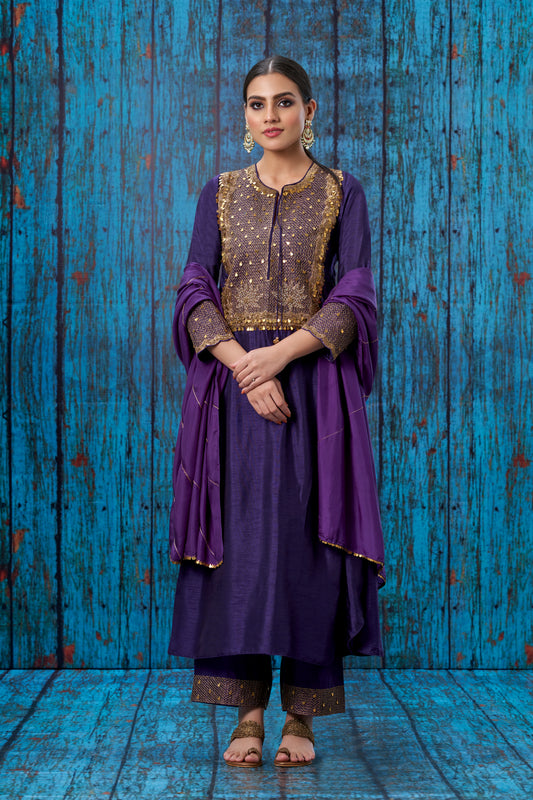 Purple Lotus Yoke Heavy Neck Kurta Set