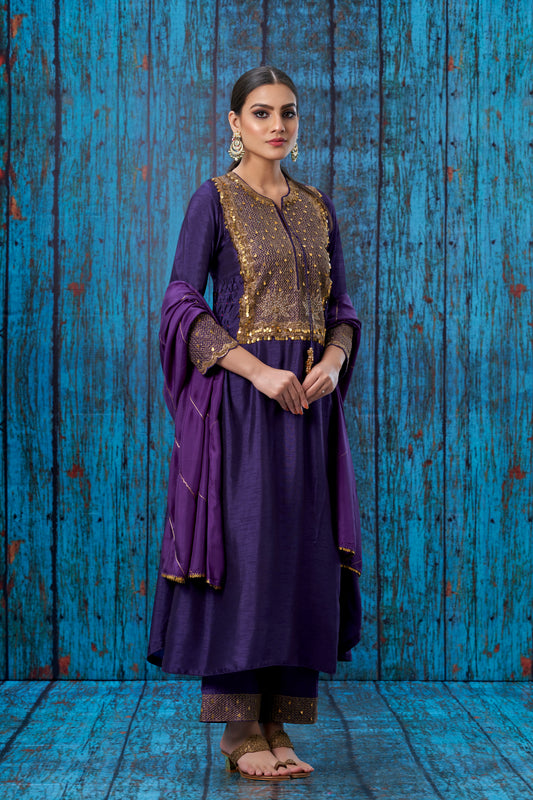 Purple Lotus Yoke Heavy Neck Kurta Set