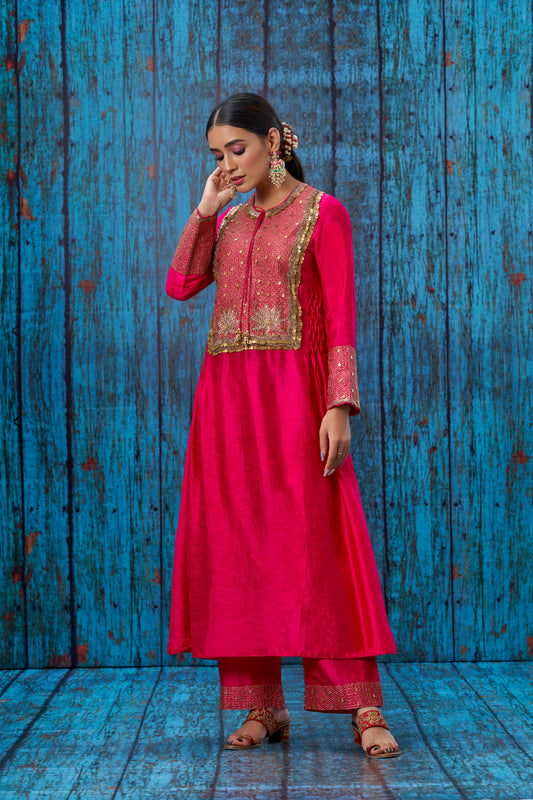 Pink Lotus Yoke Heavy Neck Kurta Set