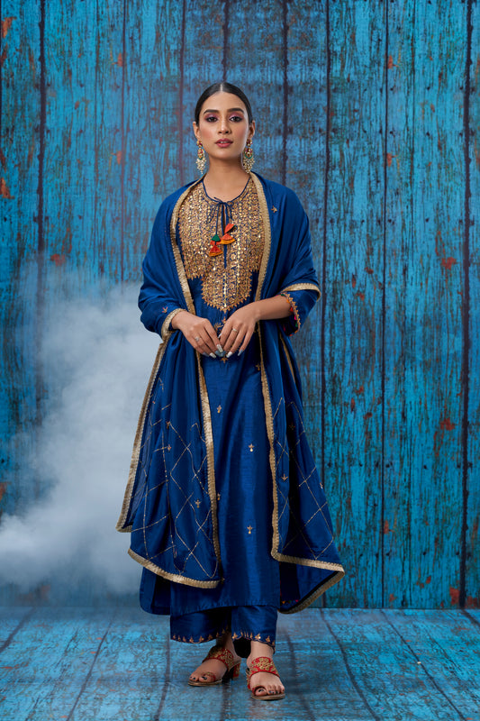 Blue Heavy Tikki Neck Kurta Set