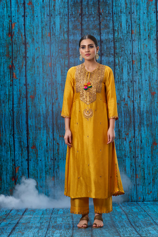 Mustard Heavy Tikki Neck Kurta Set