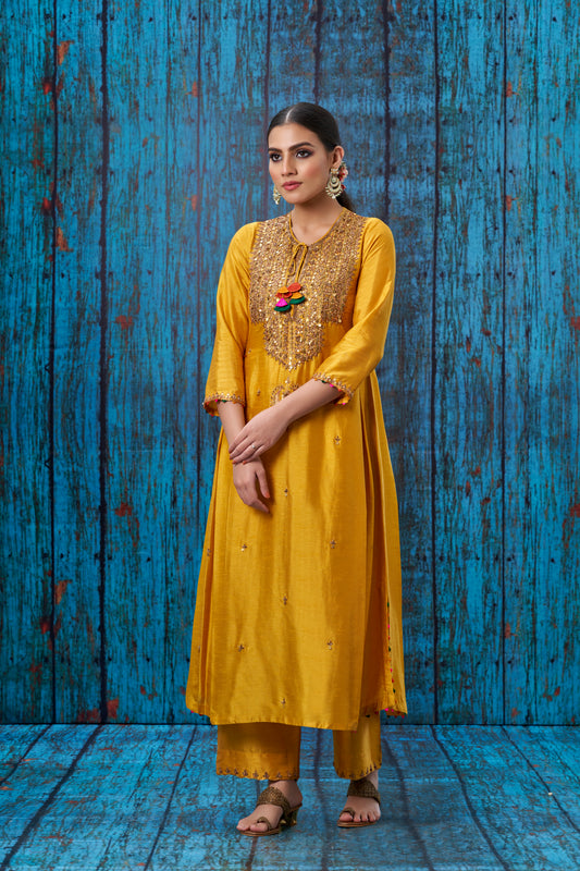 Mustard Heavy Tikki Neck Kurta Set