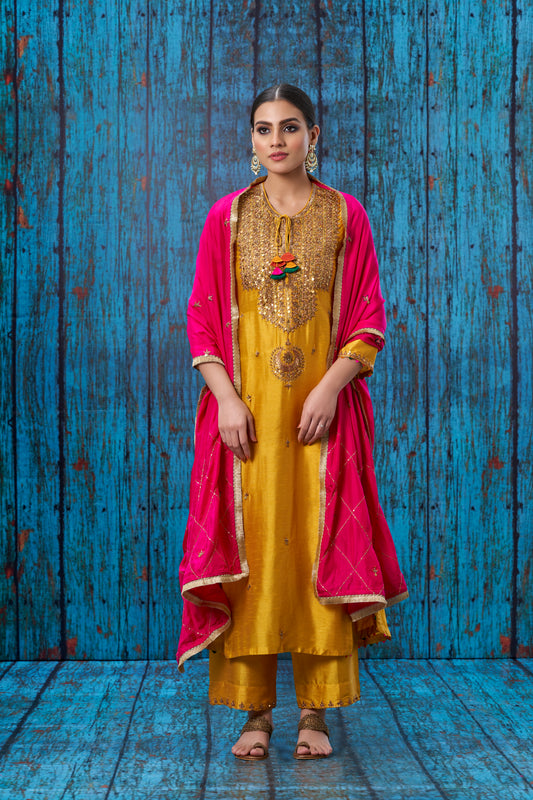 Mustard Heavy Tikki Neck Kurta Set