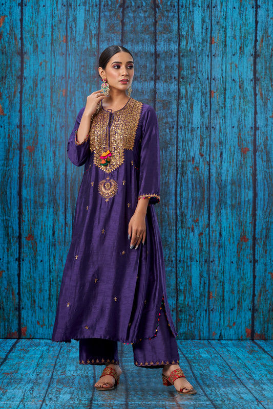 Purple Heavy Tikki Neck Kurta Set