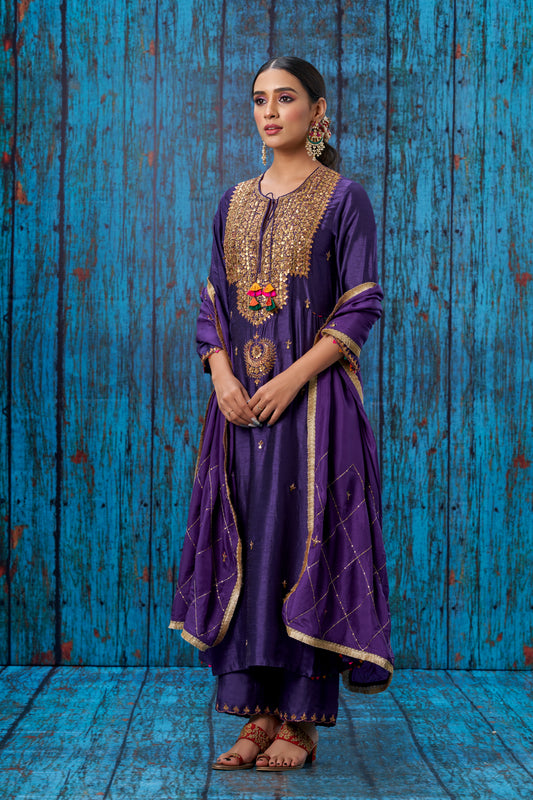 Purple Heavy Tikki Neck Kurta Set